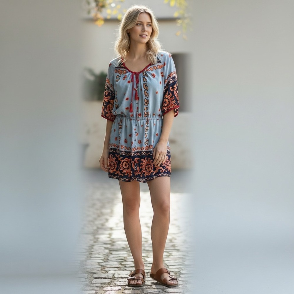 Plenty by Tracy Reese Silk Boho Paisley Mini Dress Blue Orange Tassel Size‎ M